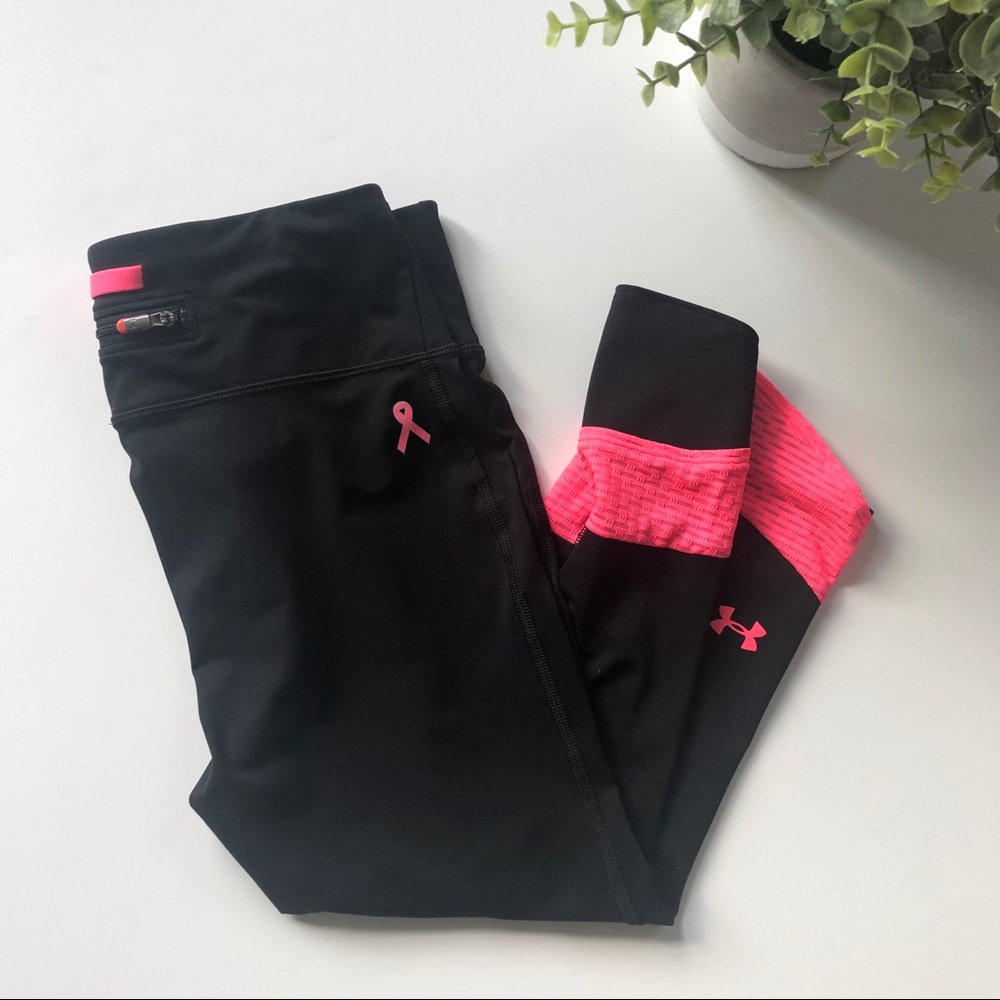 Breast Cancer Under Armour Cropped Leggings Black Pink Small